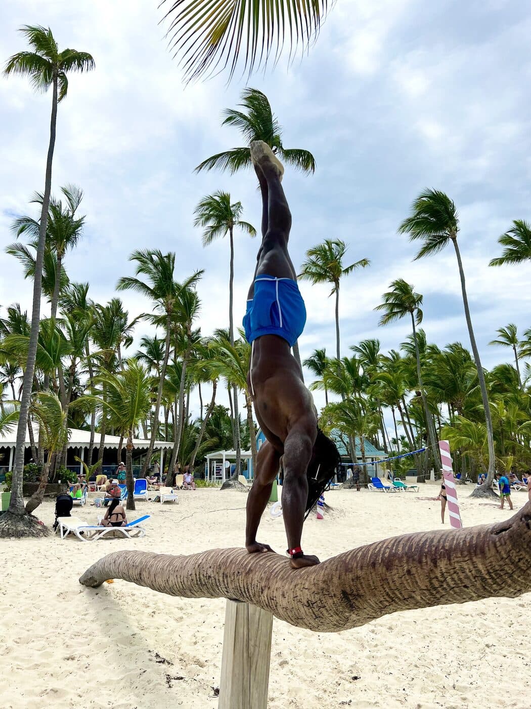 Alseny Sylla holding a handstand on a leaning palm trunk on a beach